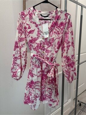 ZARA White and Fuchsia Floral Long-Sleeve Button Dress